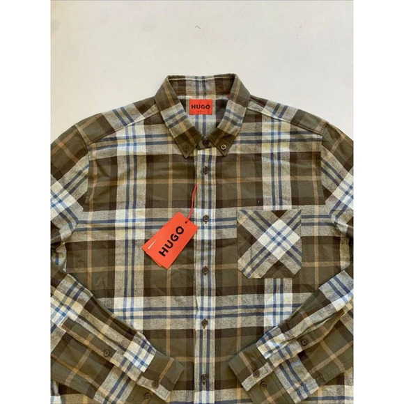 Hugo Boss Men's Brown Plaid Ermann Long Sleeve Button Down Shirt XL NWT - Picture 4 of 12